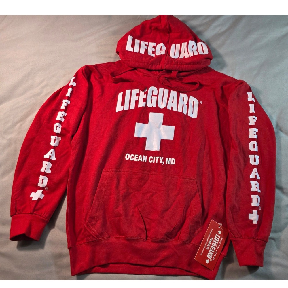 Lifeguard Ocean City Maryland Hoodie Adult Medium Red Graphic Sweatshirt NEW